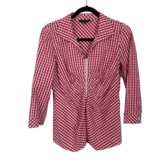 Lafayette 148 Women’s 3/4 Sleeve Pink & White Checkered Zip Up Blouse Sz 8 GUC - Picture 1 of 8